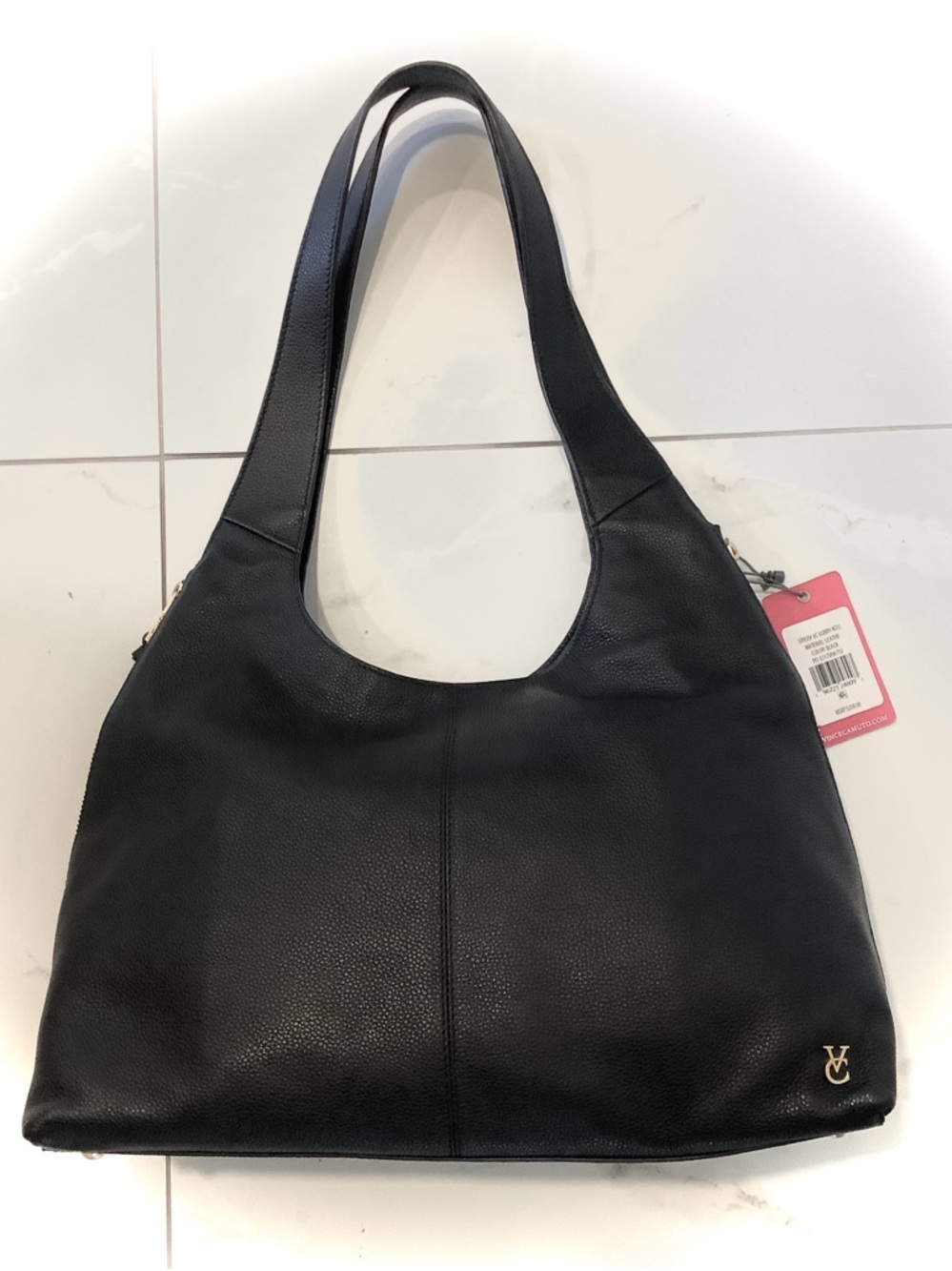 Vince Camuto Black Leather Shoulder Bag with Gold Logo